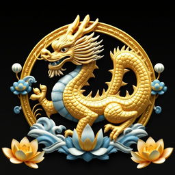 Un emblema que representa un reino o civilización medieval asiática, con un dragón dorado de la cosmología china como símbolo central