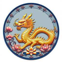 Un emblema que representa un reino o civilización medieval asiática, con un dragón dorado de la cosmología china como símbolo central