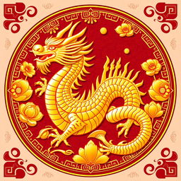 Un emblema que representa un reino o civilización medieval asiática, con un dragón dorado de la cosmología china como símbolo central