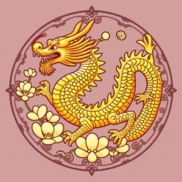 Un emblema que representa un reino o civilización medieval asiática, con un dragón dorado de la cosmología china como símbolo central