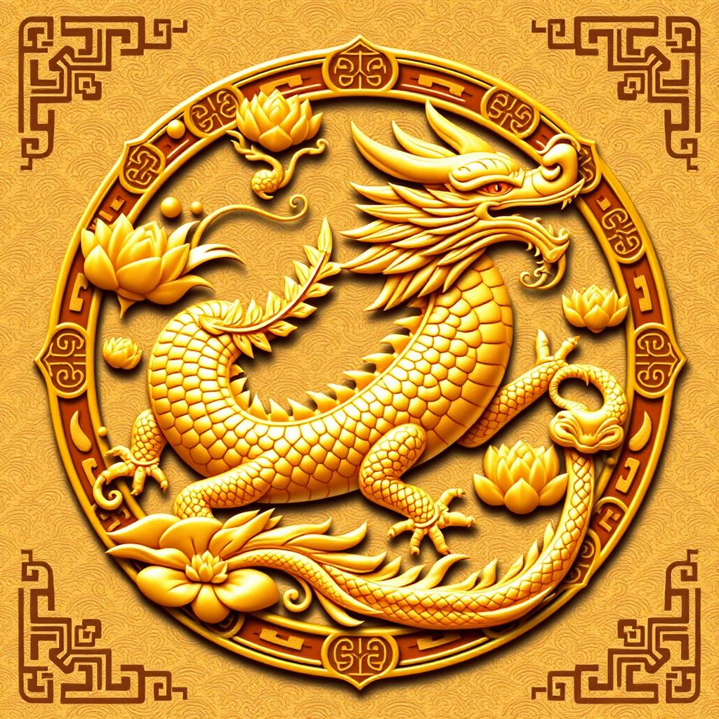 Un emblema que representa un reino o civilización medieval asiática, con un dragón dorado de la cosmología china como símbolo central