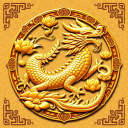 Un emblema que representa un reino o civilización medieval asiática, con un dragón dorado de la cosmología china como símbolo central