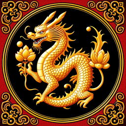 Un emblema que representa un reino o civilización medieval asiática, con un dragón dorado de la cosmología china como símbolo central