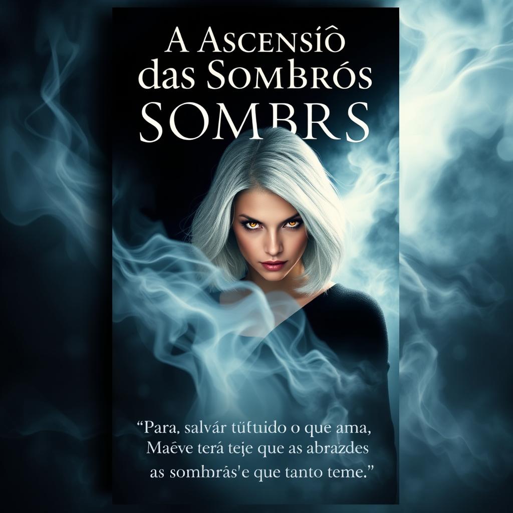 A captivating book cover featuring the central character, a woman with medium-length white hair and fierce amber eyes, subtly positioned in the center but not fully visible, creating an air of mystery