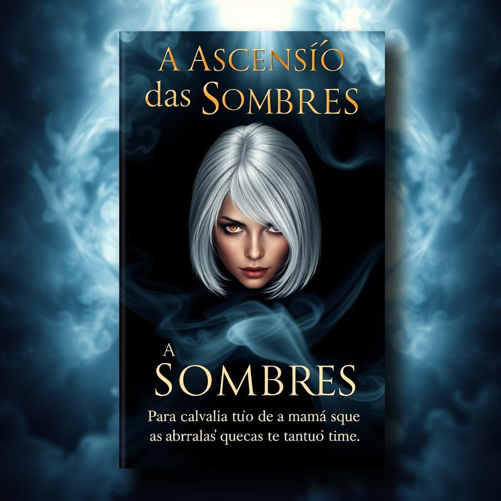 A captivating book cover featuring the central character, a woman with medium-length white hair and fierce amber eyes, subtly positioned in the center but not fully visible, creating an air of mystery