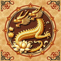 Un emblema que representa un reino o civilización medieval asiática, destacando un dragón dorado de la cosmología china como símbolo principal