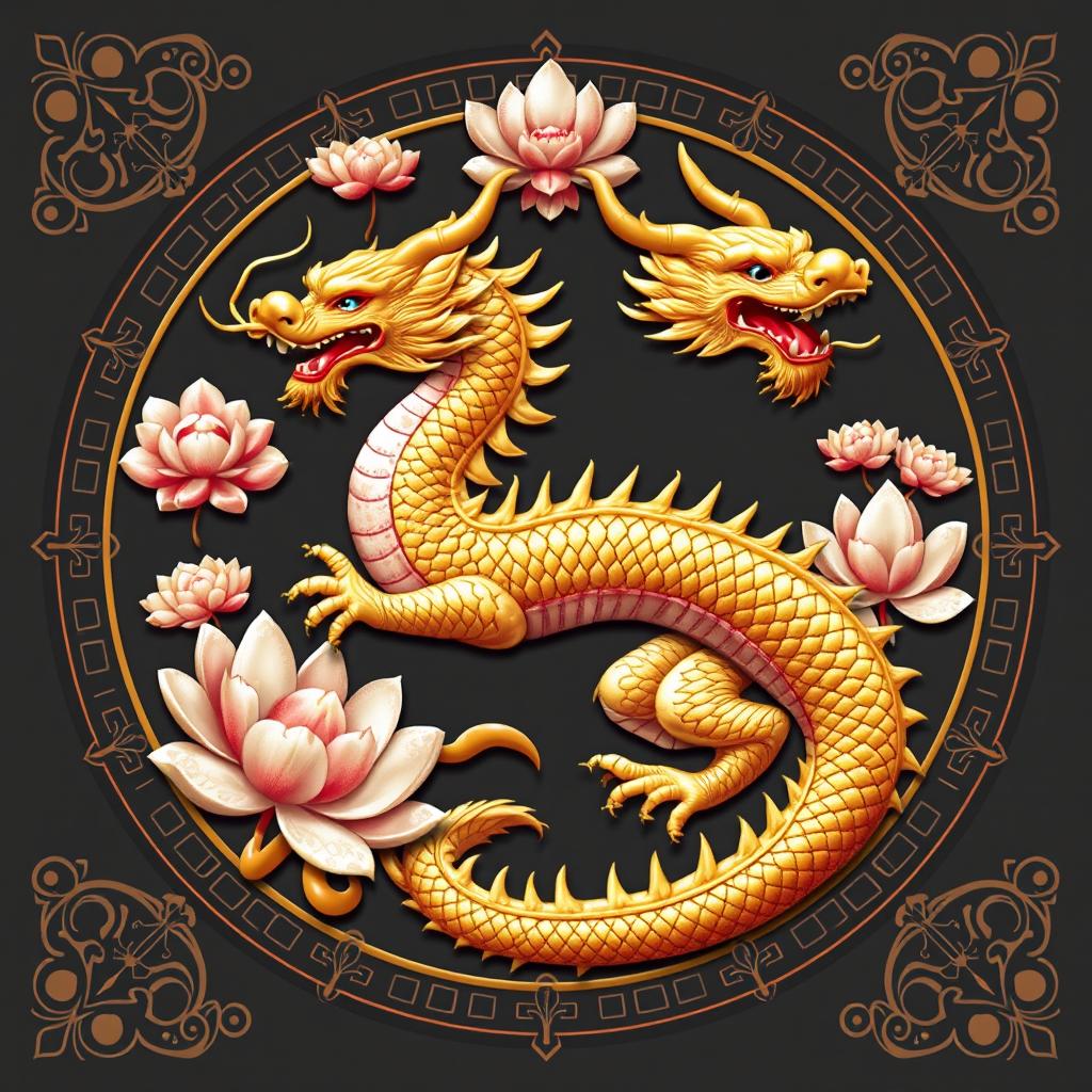 Un emblema que representa un reino o civilización medieval asiática, destacando un dragón dorado de la cosmología china como símbolo principal