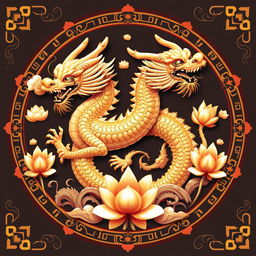 Un emblema que representa un reino o civilización medieval asiática, destacando un dragón dorado de la cosmología china como símbolo principal