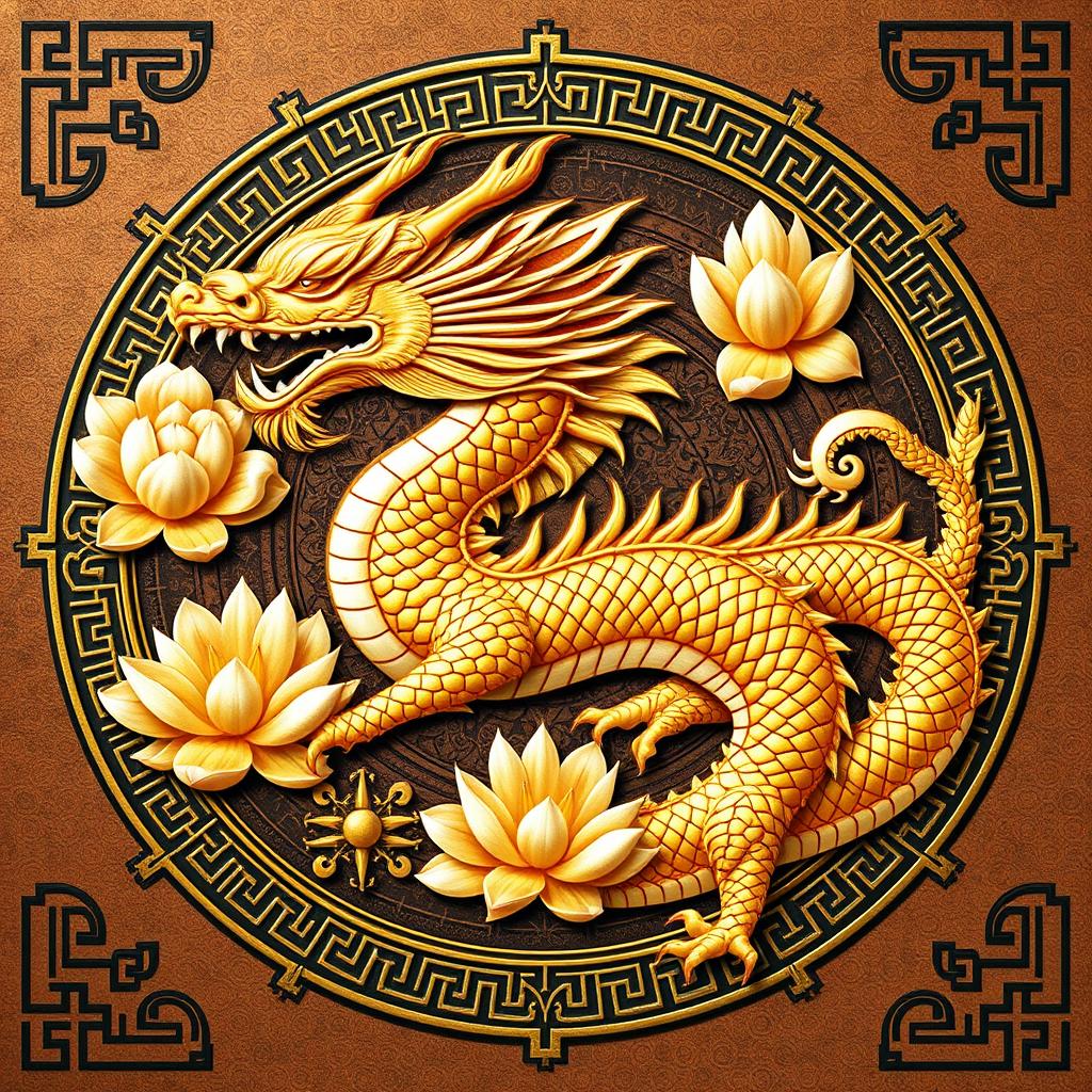 Un emblema que representa un reino o civilización medieval asiática, destacando un dragón dorado de la cosmología china como símbolo principal