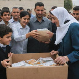 The scene shifts to grateful Palestinians receiving the generous donations, their faces expressing heartfelt gratitude. Capturing a poignant moment of global unity and compassion.