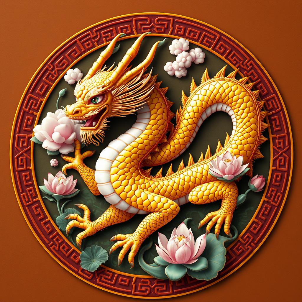 Un emblema vibrante que representa un reino o civilización medieval asiática, destacando un dragón dorado de la cosmología china como símbolo central