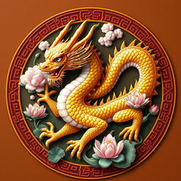 Un emblema vibrante que representa un reino o civilización medieval asiática, destacando un dragón dorado de la cosmología china como símbolo central