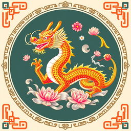 Un emblema vibrante que representa un reino o civilización medieval asiática, destacando un dragón dorado de la cosmología china como símbolo central