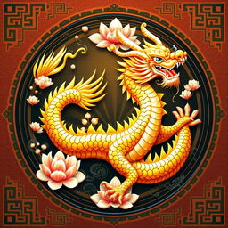 Un emblema vibrante que representa un reino o civilización medieval asiática, destacando un dragón dorado de la cosmología china como símbolo central