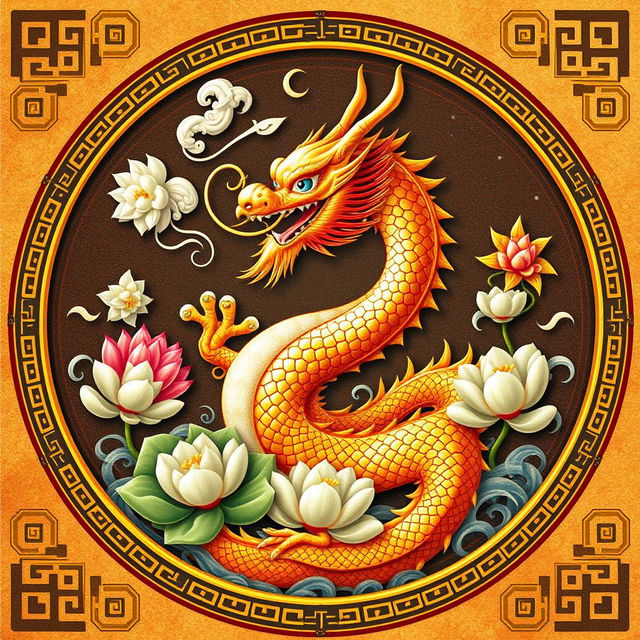 Un emblema vibrante que representa un reino o civilización medieval asiática, destacando un dragón dorado de la cosmología china como símbolo central