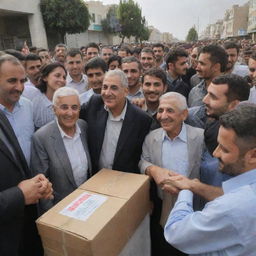 The scene shifts to grateful Palestinians receiving the generous donations, their faces expressing heartfelt gratitude. Capturing a poignant moment of global unity and compassion.