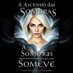 A striking book cover featuring the central character, a woman with medium-length white hair and captivating amber eyes, prominently positioned in the center