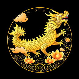 Un emblema evocador que representa un reino o civilización medieval asiática, centrado en un dragón dorado de la cosmología china