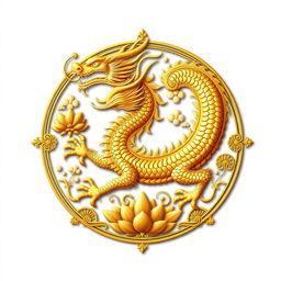 Un emblema evocador que representa un reino o civilización medieval asiática, centrado en un dragón dorado de la cosmología china