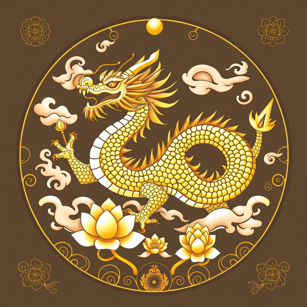 Un emblema evocador que representa un reino o civilización medieval asiática, centrado en un dragón dorado de la cosmología china