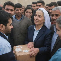 The scene shifts to grateful Palestinians receiving the generous donations, their faces expressing heartfelt gratitude. Capturing a poignant moment of global unity and compassion.