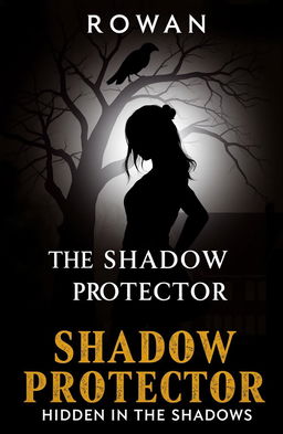 A striking silhouette of a strong female figure named Rowan, standing defiantly under a bright spotlight that creates a dramatic contrast against a dark background filled with indistinct shapes of trees and the outline of a school building