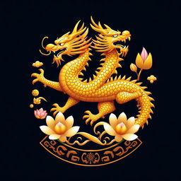 Diseño de un emblema representativo de un reino o civilización medieval asiática, en el que el dragón dorado de la cosmología china es el símbolo central