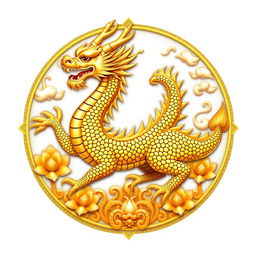 Diseño de un emblema representativo de un reino o civilización medieval asiática, en el que el dragón dorado de la cosmología china es el símbolo central