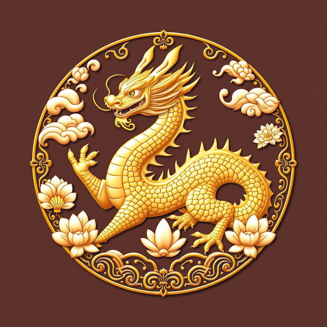 Diseño de un emblema representativo de un reino o civilización medieval asiática, en el que el dragón dorado de la cosmología china es el símbolo central