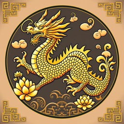 Diseño de un emblema representativo de un reino o civilización medieval asiática, en el que el dragón dorado de la cosmología china es el símbolo central