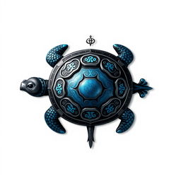 Un emblema distintivo que representa un reino o civilización medieval asiática, centrado en la tortuga de la cosmología china como símbolo principal