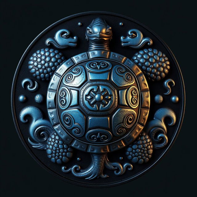 Un emblema distintivo que representa un reino o civilización medieval asiática, centrado en la tortuga de la cosmología china como símbolo principal