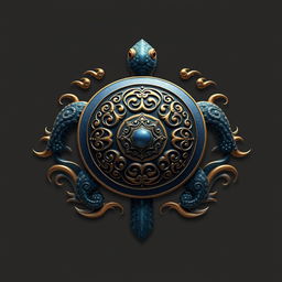 Un emblema impresionante que representa un reino o civilización medieval asiática, con la tortuga de la cosmología china como símbolo central