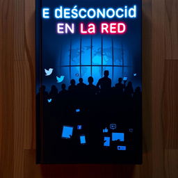 A captivating book cover for "El desconocido en la red", featuring a dark, digital landscape representing social media and a prison environment