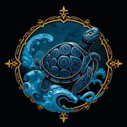 Un emblema artístico y encantador que representa un reino o civilización medieval asiática, con la tortuga de la cosmología china como símbolo central