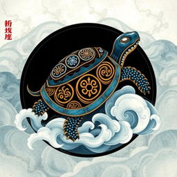 Un emblema artístico y encantador que representa un reino o civilización medieval asiática, con la tortuga de la cosmología china como símbolo central