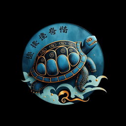 Un emblema artístico y encantador que representa un reino o civilización medieval asiática, con la tortuga de la cosmología china como símbolo central