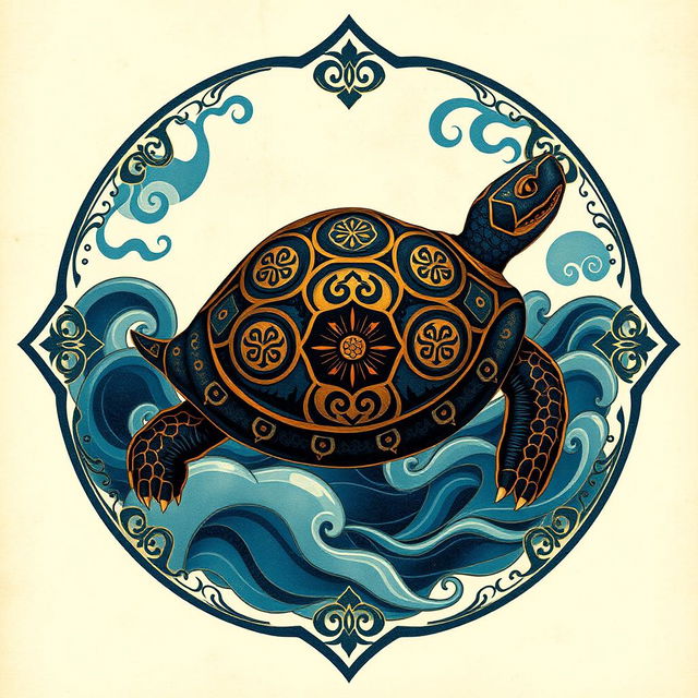 Un emblema artístico y encantador que representa un reino o civilización medieval asiática, con la tortuga de la cosmología china como símbolo central