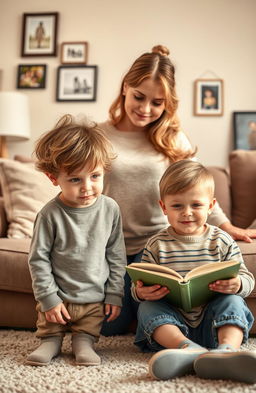 A warm and heartfelt scene depicting two children in a cozy living room