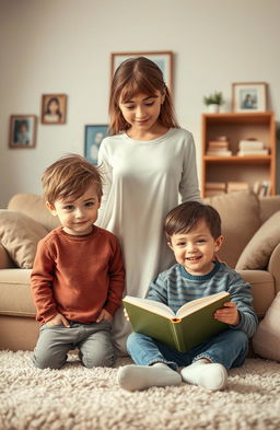 A warm and heartfelt scene depicting two children in a cozy living room