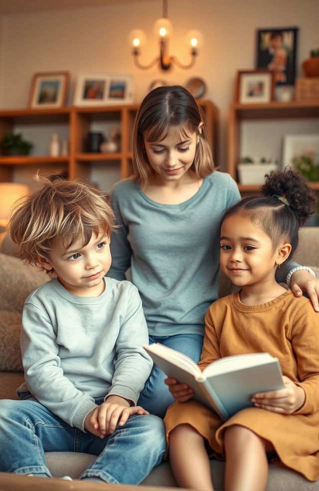 A warm and heartfelt scene depicting two children in a cozy living room