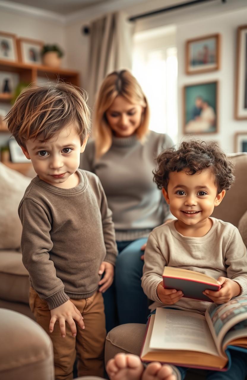 A warm and heartfelt scene depicting two children in a cozy living room