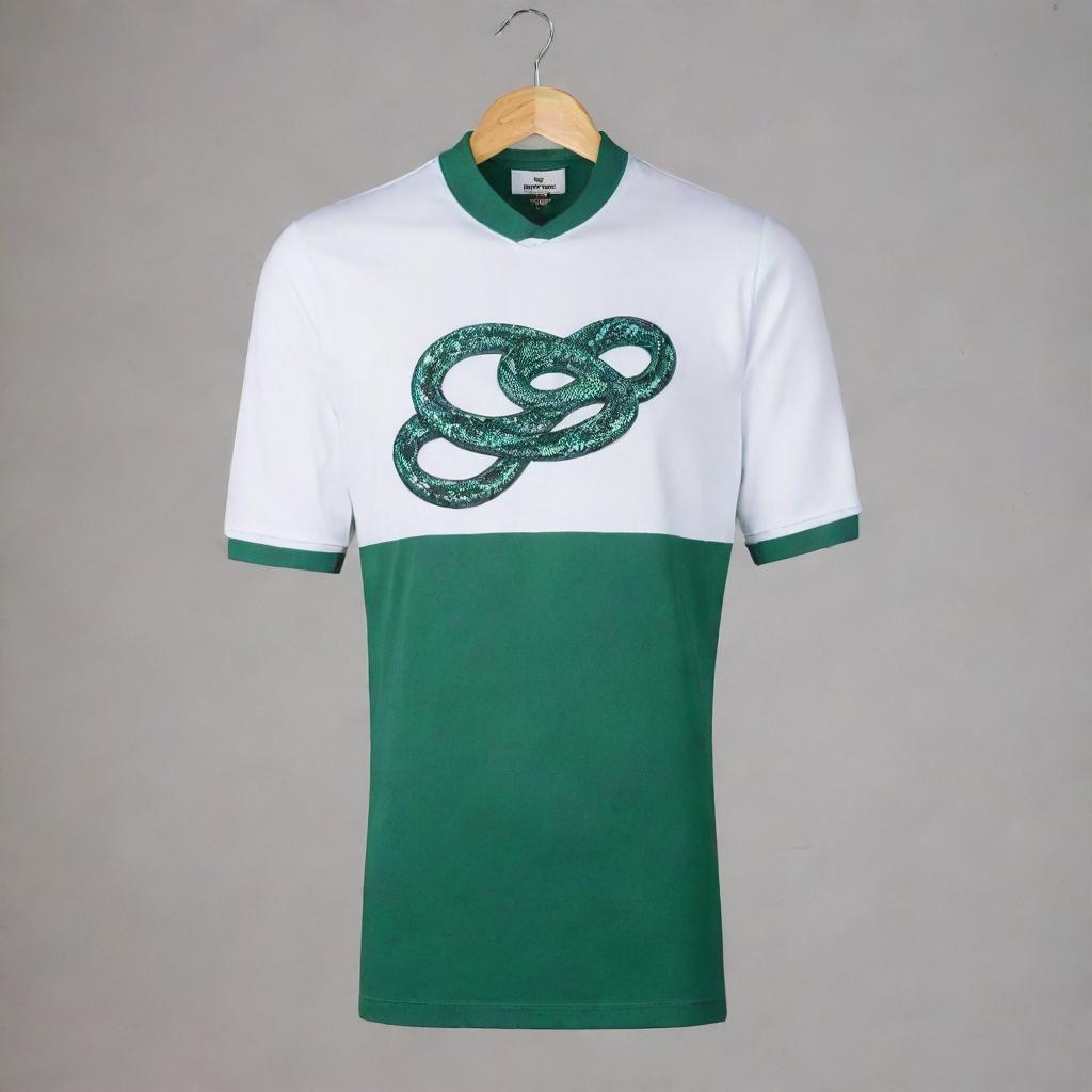 A stylish green and white jersey featuring a detailed snake logo prominently.