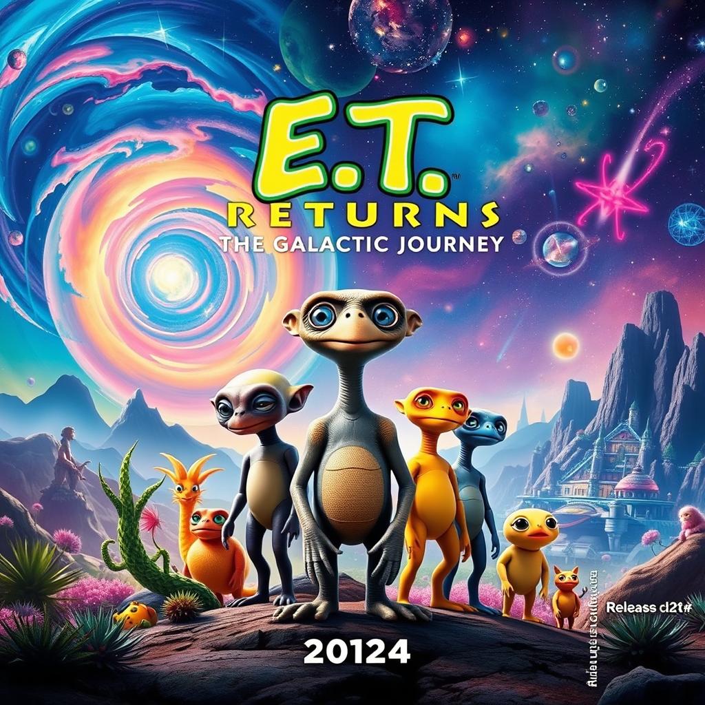 A vibrant and imaginative movie poster for 'E