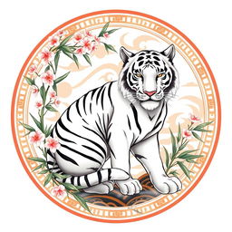 An emblem representing a peaceful medieval Asian kingdom or civilization, featuring the majestic white tiger from Chinese cosmology as the central symbol