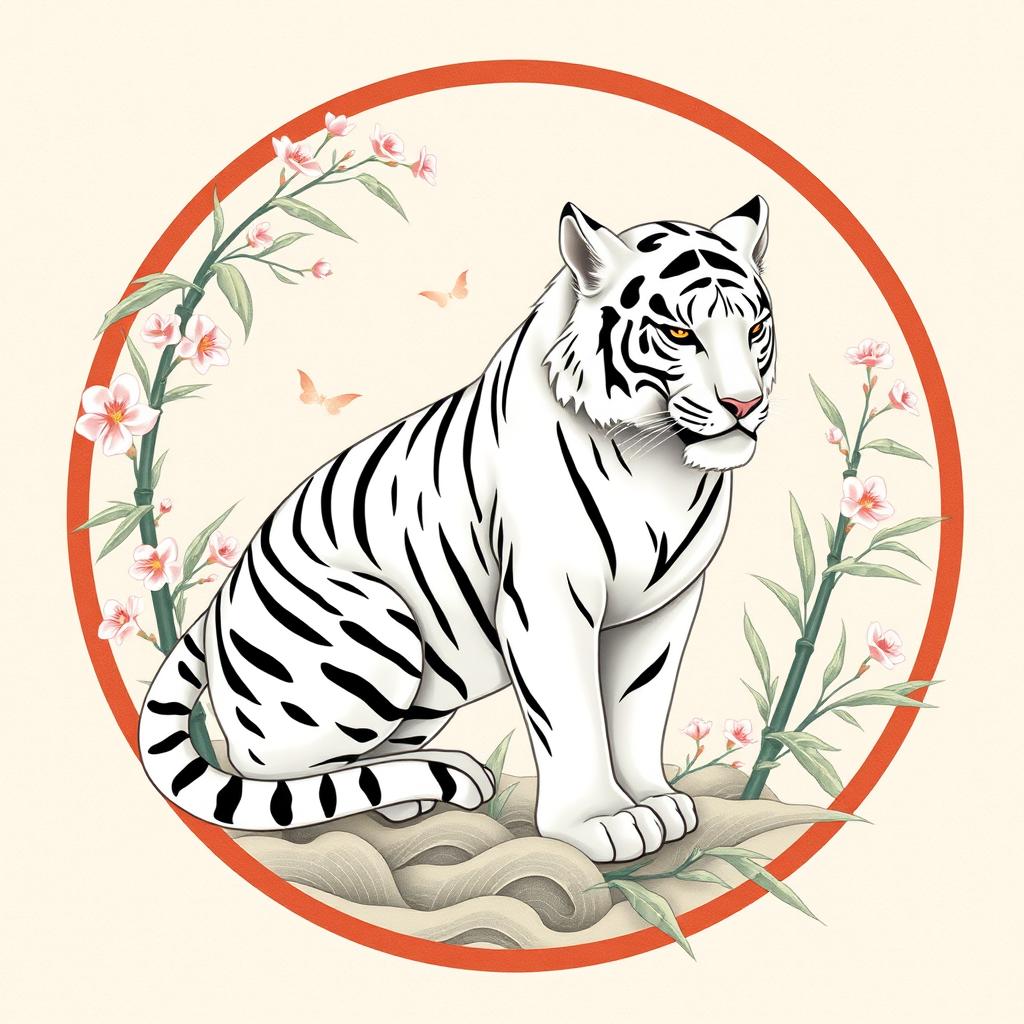 An emblem representing a peaceful medieval Asian kingdom or civilization, featuring the majestic white tiger from Chinese cosmology as the central symbol