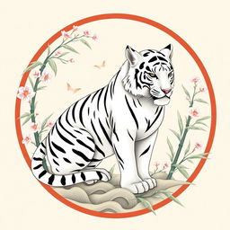 An emblem representing a peaceful medieval Asian kingdom or civilization, featuring the majestic white tiger from Chinese cosmology as the central symbol