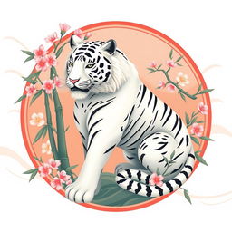 An emblem representing a peaceful medieval Asian kingdom or civilization, featuring the majestic white tiger from Chinese cosmology as the central symbol