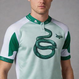 A stylish green and white jersey featuring a detailed snake logo prominently.