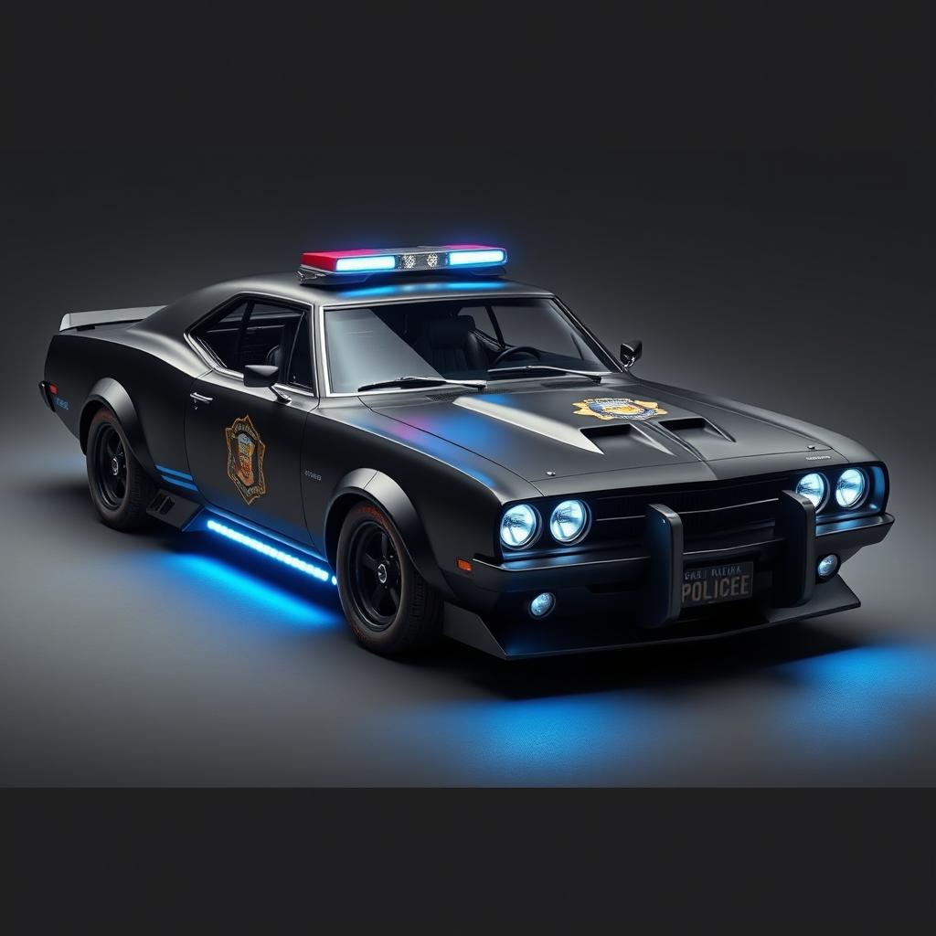 A sleek, heavily-armored police sedan that fuses vintage muscle car aesthetics with advanced technology